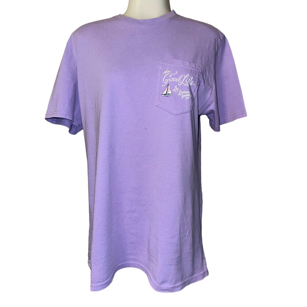 Lauren James Women's Short Sleeve Crew Lilac The Good Life Front Pocket Size S